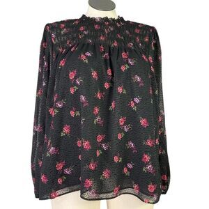 Banana Republic Top Women L Black Red Floral Velvet Dot Smocked Ruffle Collar